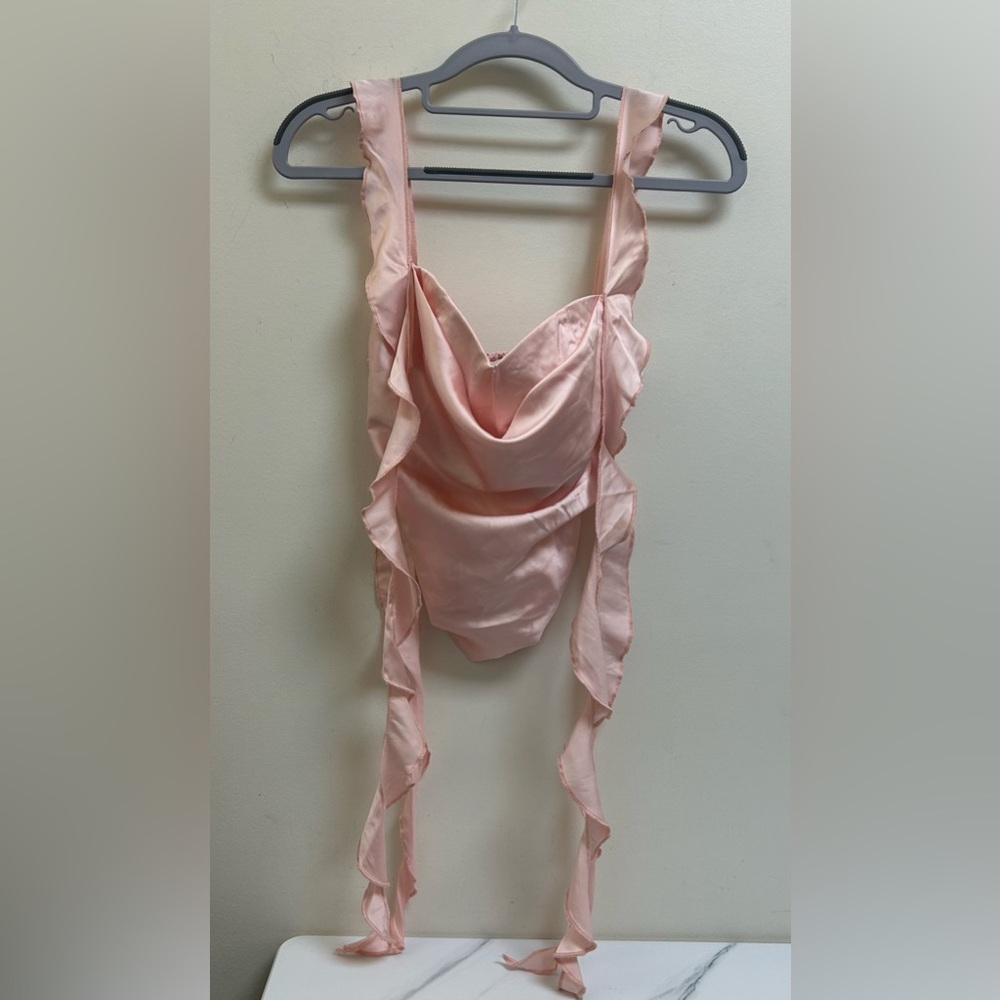 Pink Satin Ruffle Bodysuit – Cowl Neck Silky Sleeveless Top